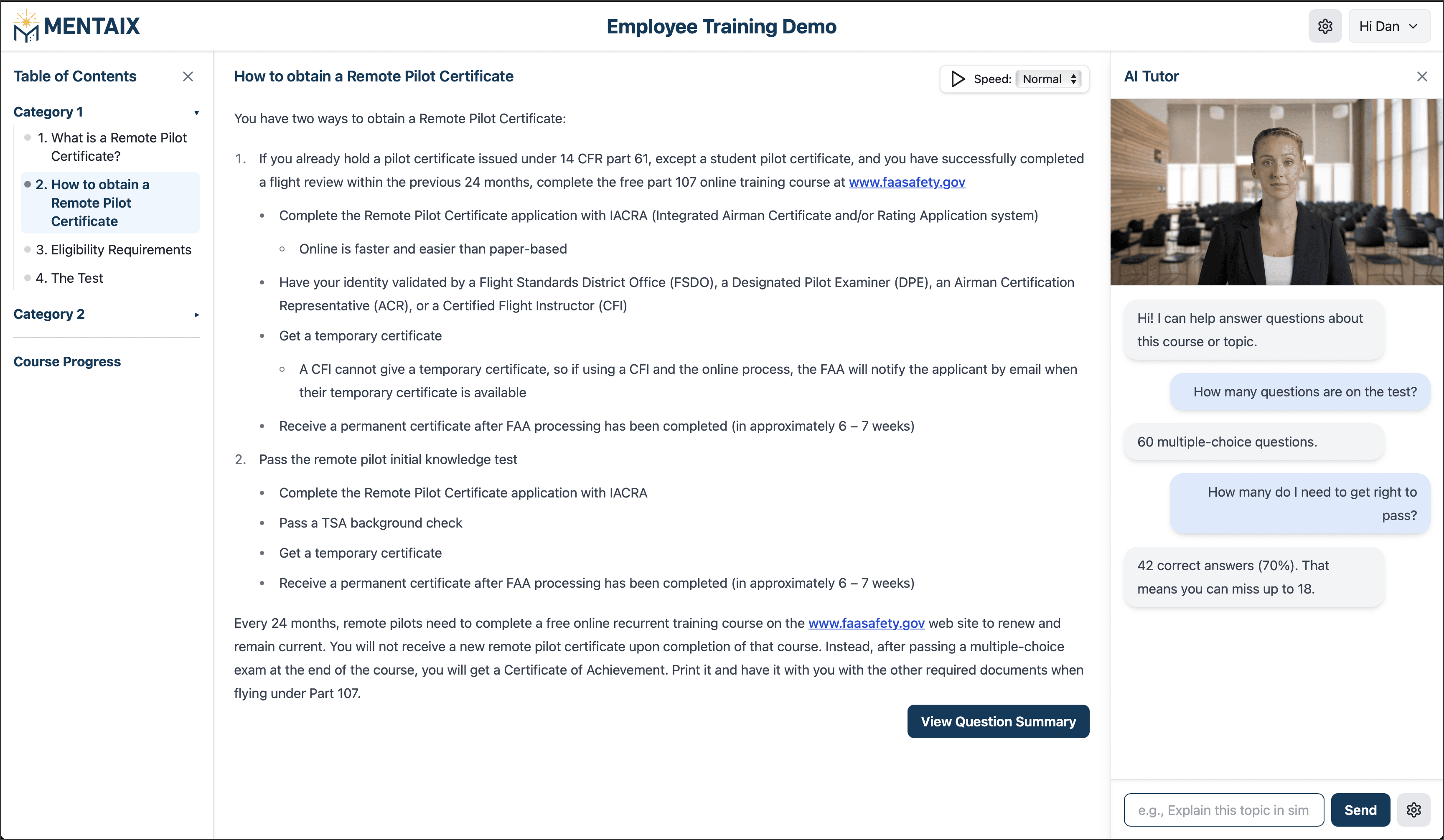 Screenshot of Mentaix course and AI assistant